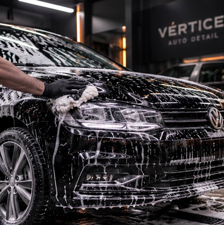 Lavagem detalhada de um Volkswagen com espuma