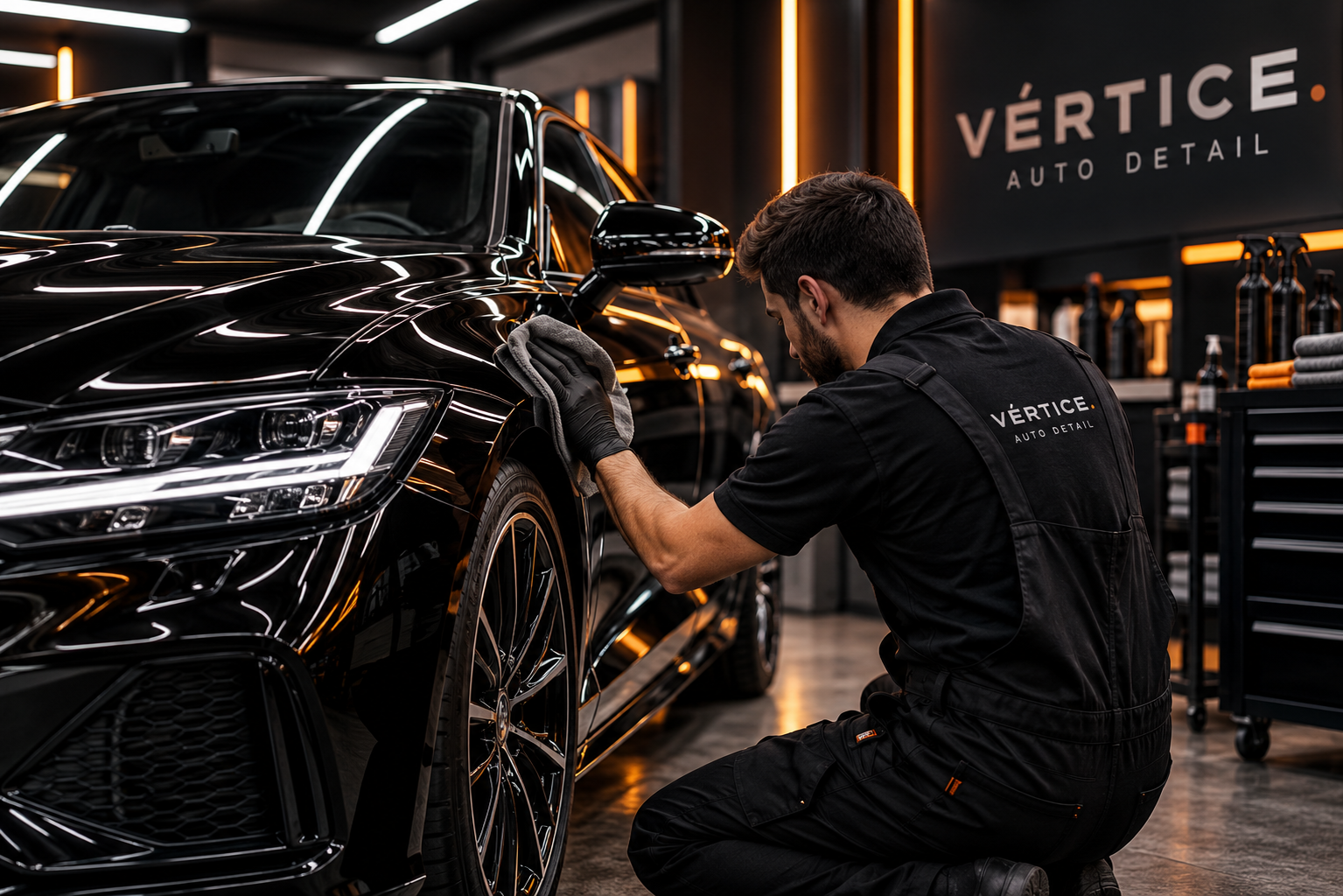 Profissional realizando detalhamento em um veículo preto